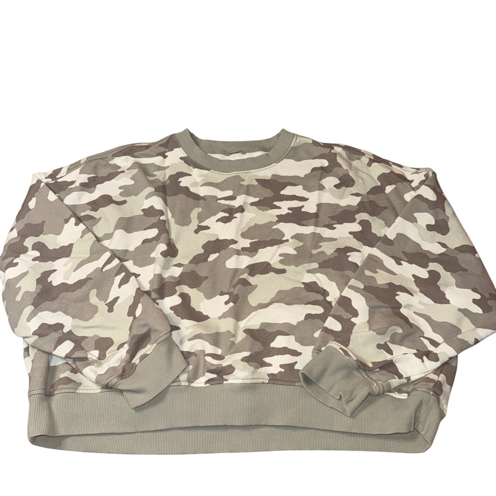 Aerie Camouflage Sweatshirt XL Green Tan Cropped Crewneck Pullover French Terry